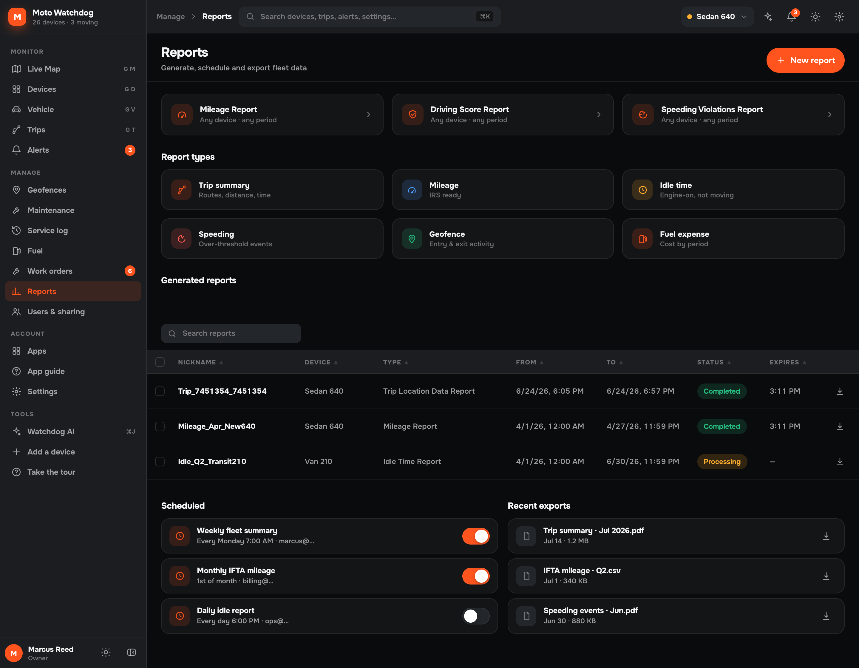 Report types in the Moto Watchdog web dashboard: trip summary, mileage IFTA, idle time, speeding, geofence and fuel expense