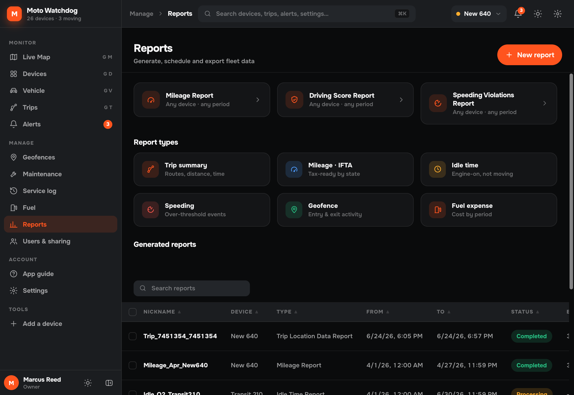 Report types in the Moto Watchdog web dashboard: trip summary, mileage IFTA, idle time, speeding, geofence and fuel expense