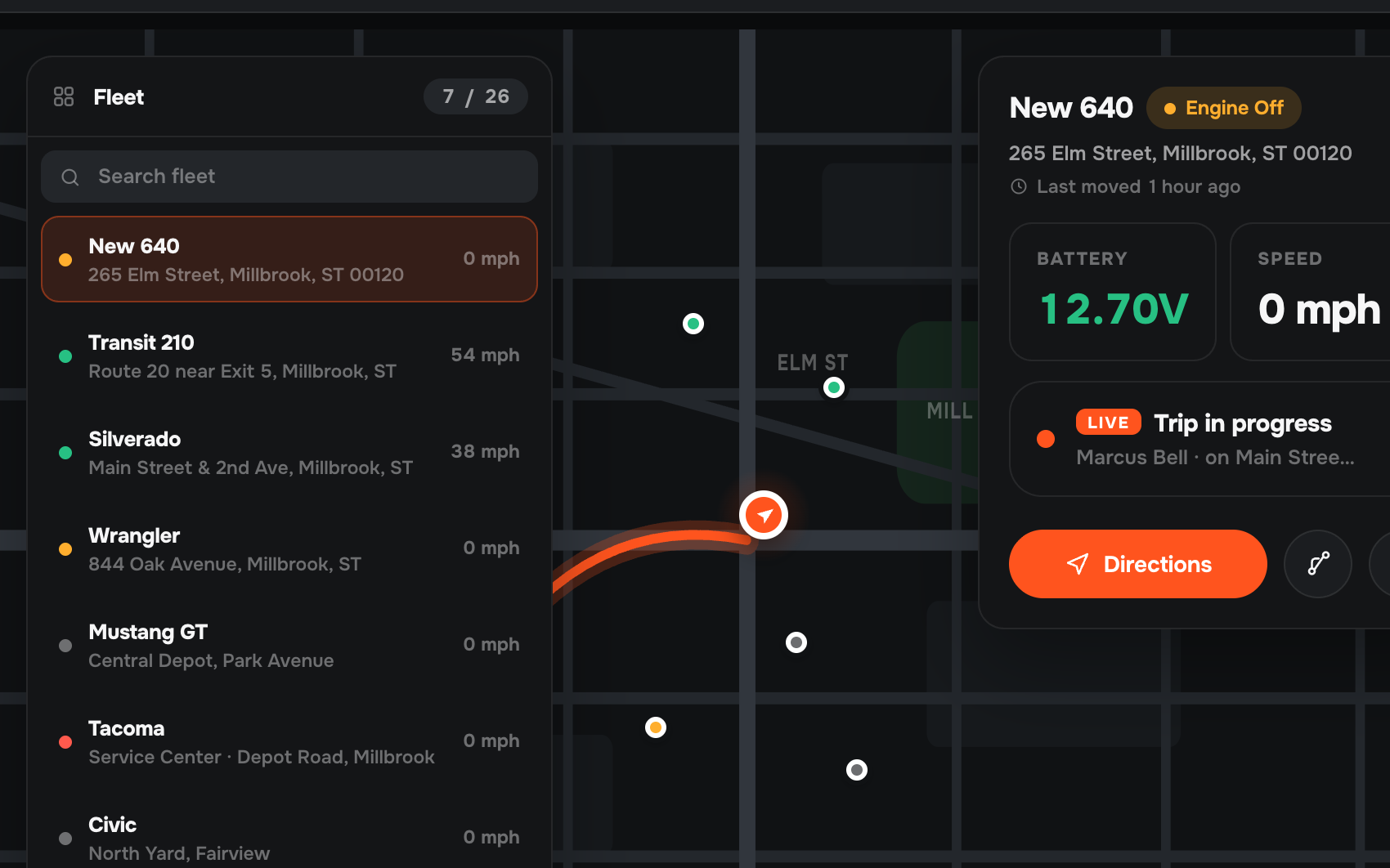 Moto Watchdog web dashboard showing the live fleet map with the vehicle list and a selected vehicle card