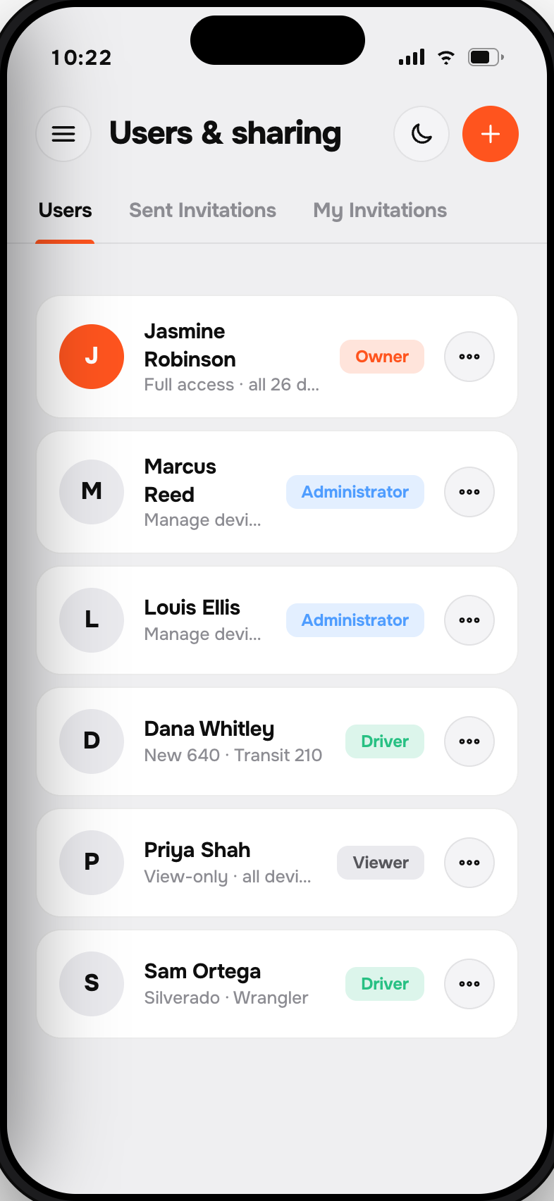 Users and sharing screen in the Moto Watchdog app showing team members, roles and pending invites