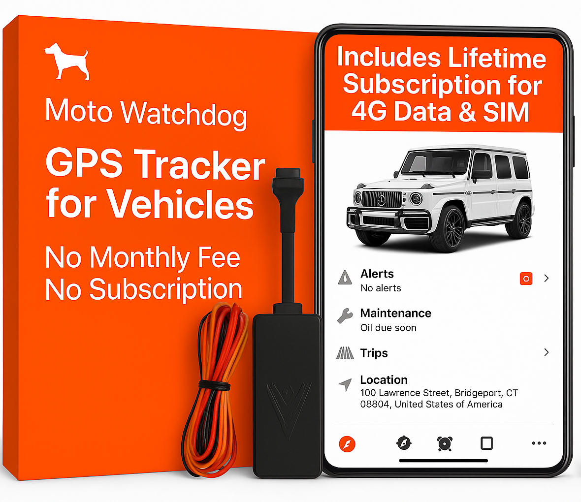 Wired GPS Tracker for Vehicles No Monthly Fee, No Subscription, SIM and 4G Data Included, Quick Installation, Trip History, Alerts, Car Tracker Device Hidden, USA Developed, Moto Watchdog | HW-200