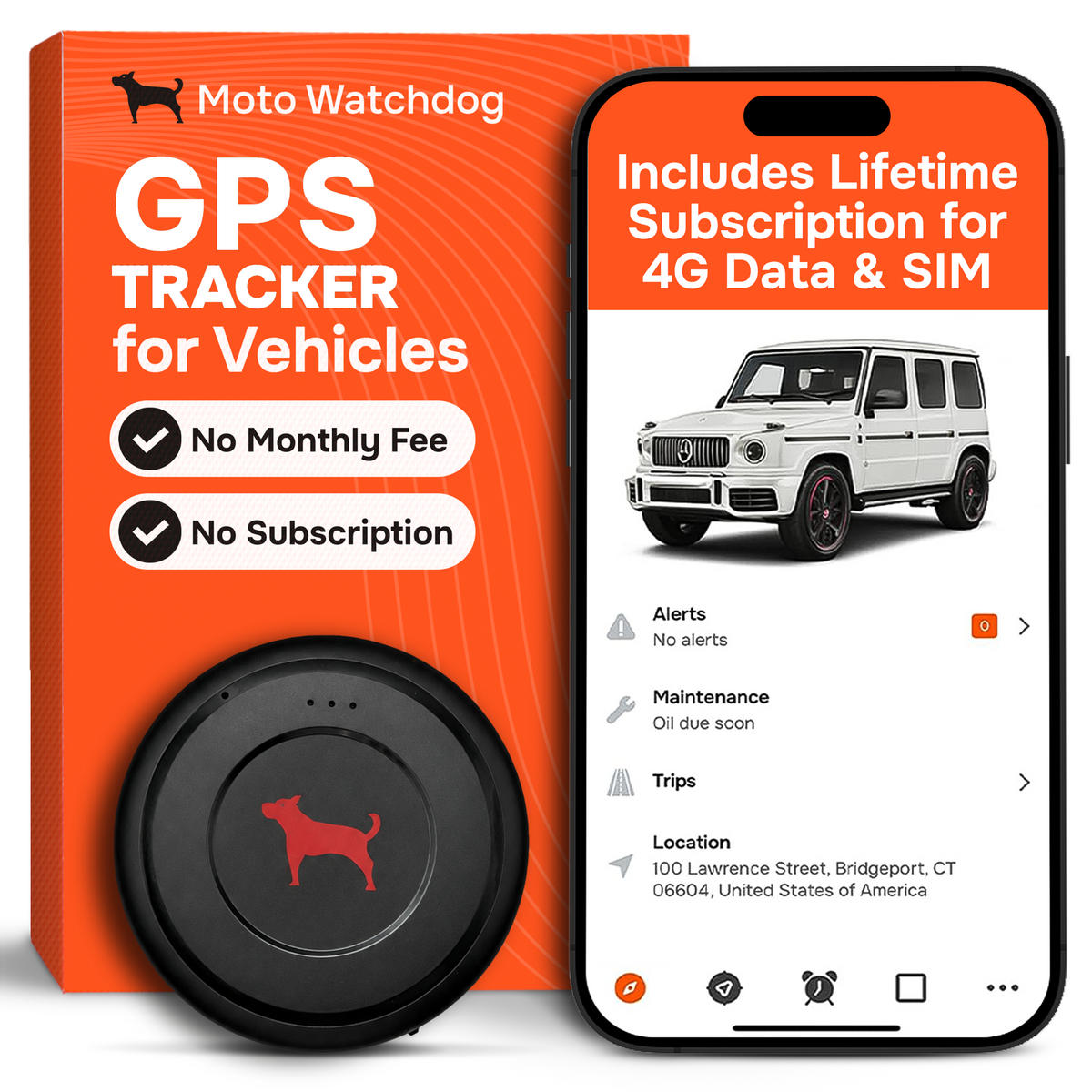 1-Month Battery Magnetic GPS Tracker for Vehicles – No Monthly Fees, 4G LTE | Moto Watchdog MW-1700
