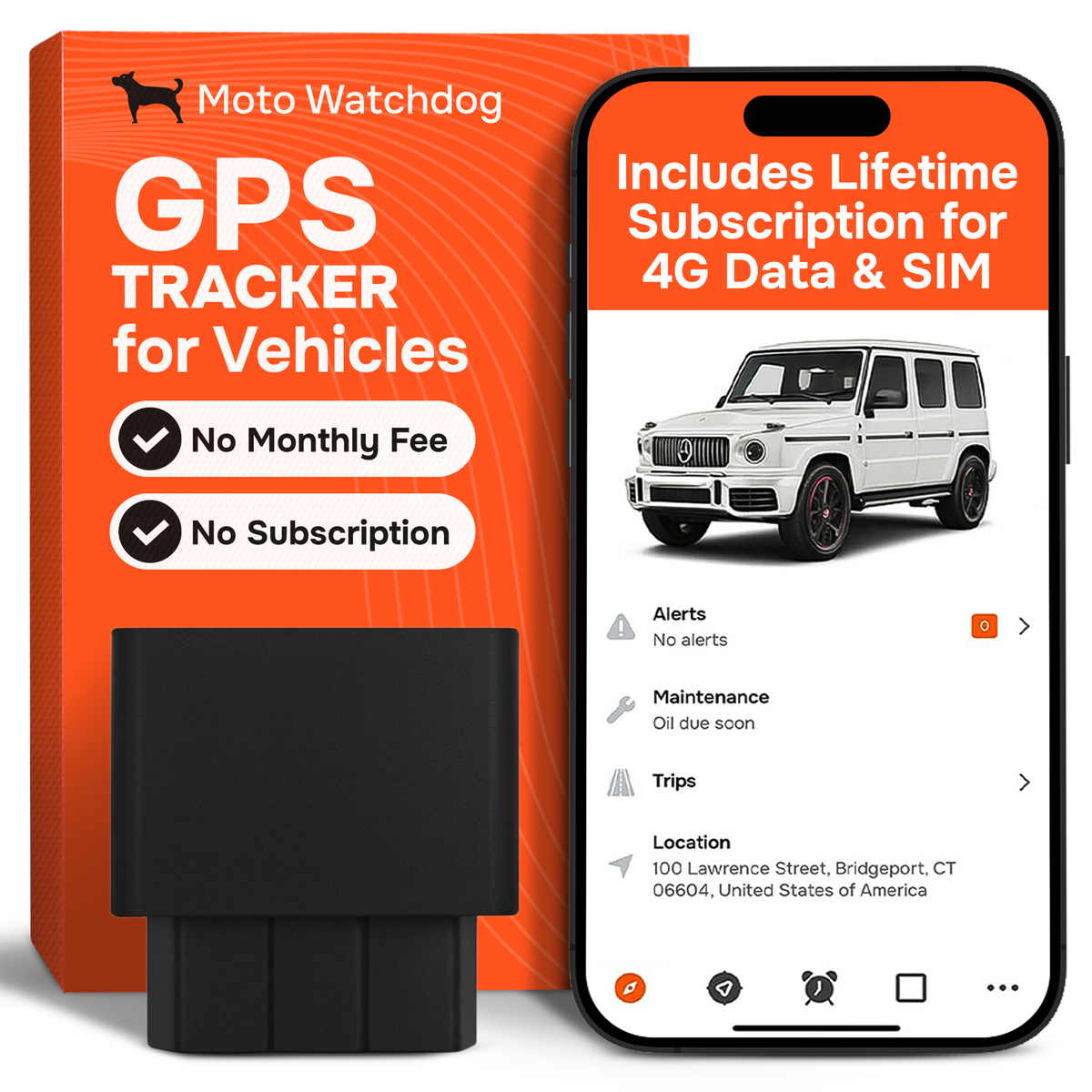 GPS Tracker for Vehicles - No Subscription, OBD Plug-In, 4G LTE | Moto Watchdog