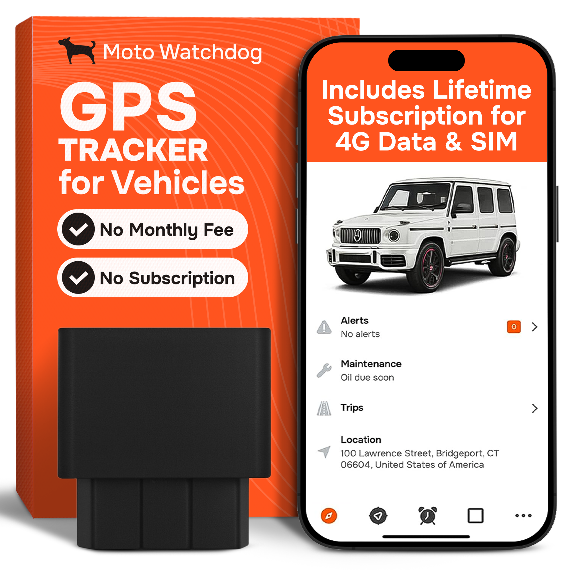 GPS Tracker for Vehicles No Monthly Fee, No Subscription, SIM and Data Included, Vehicle Location, Trip History, Driving Alerts, Geofence, OBD, USA Developed, 4G, Moto Watchdog | OBD