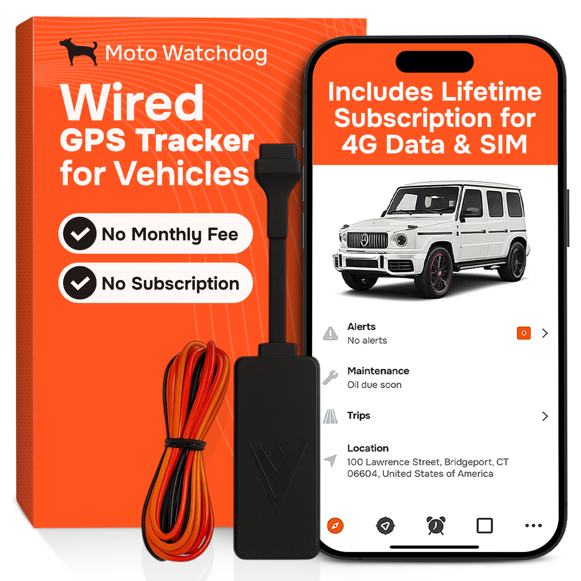 Wired GPS Tracker for Vehicles No Monthly Fee, No Subscription, SIM and 4G Data Included, Quick Installation, Trip History, Alerts, Car Tracker Device Hidden, USA Developed, Moto Watchdog | HW-200