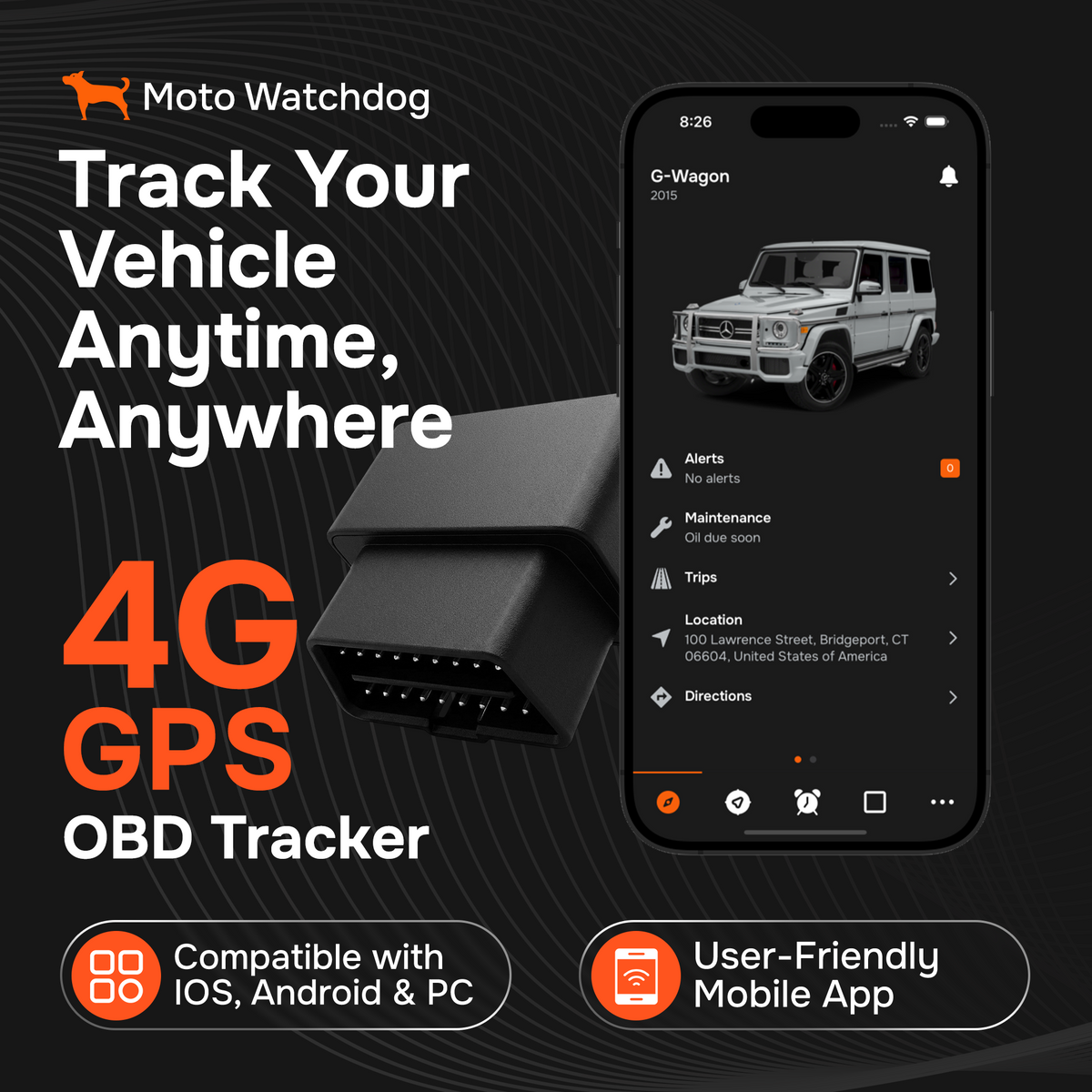 GPS Tracker for Vehicles - No Subscription, OBD Plug-In, 4G LTE | Moto Watchdog
