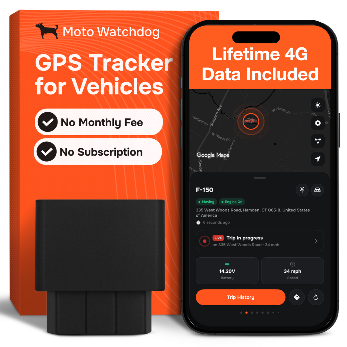 Rastreador GPS para vehículos - Sin suscripción, se conecta a OBD, 4G LTE | Moto Watchdog