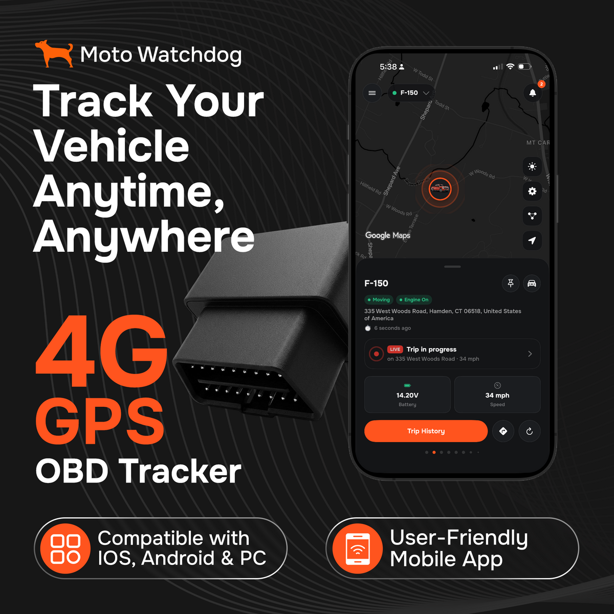 Rastreador GPS para vehículos - Sin suscripción, se conecta a OBD, 4G LTE | Moto Watchdog