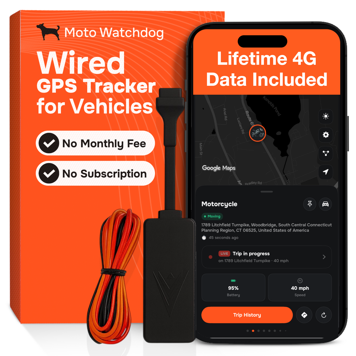 Rastreador GPS con Cable para Vehículos - Sin Suscripción, Instalación Oculta, 4G LTE | Moto Watchdog HW-200