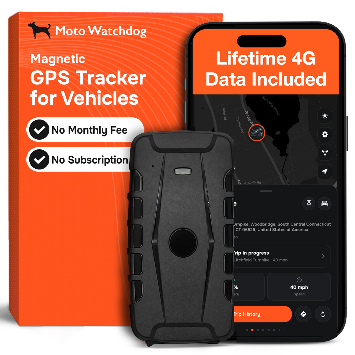 1-Year Rechargeable Battery Magnetic GPS Tracker for Vehicles – No Monthly Fees, 4G LTE | Moto Watchdog MW-20000 Gen 2