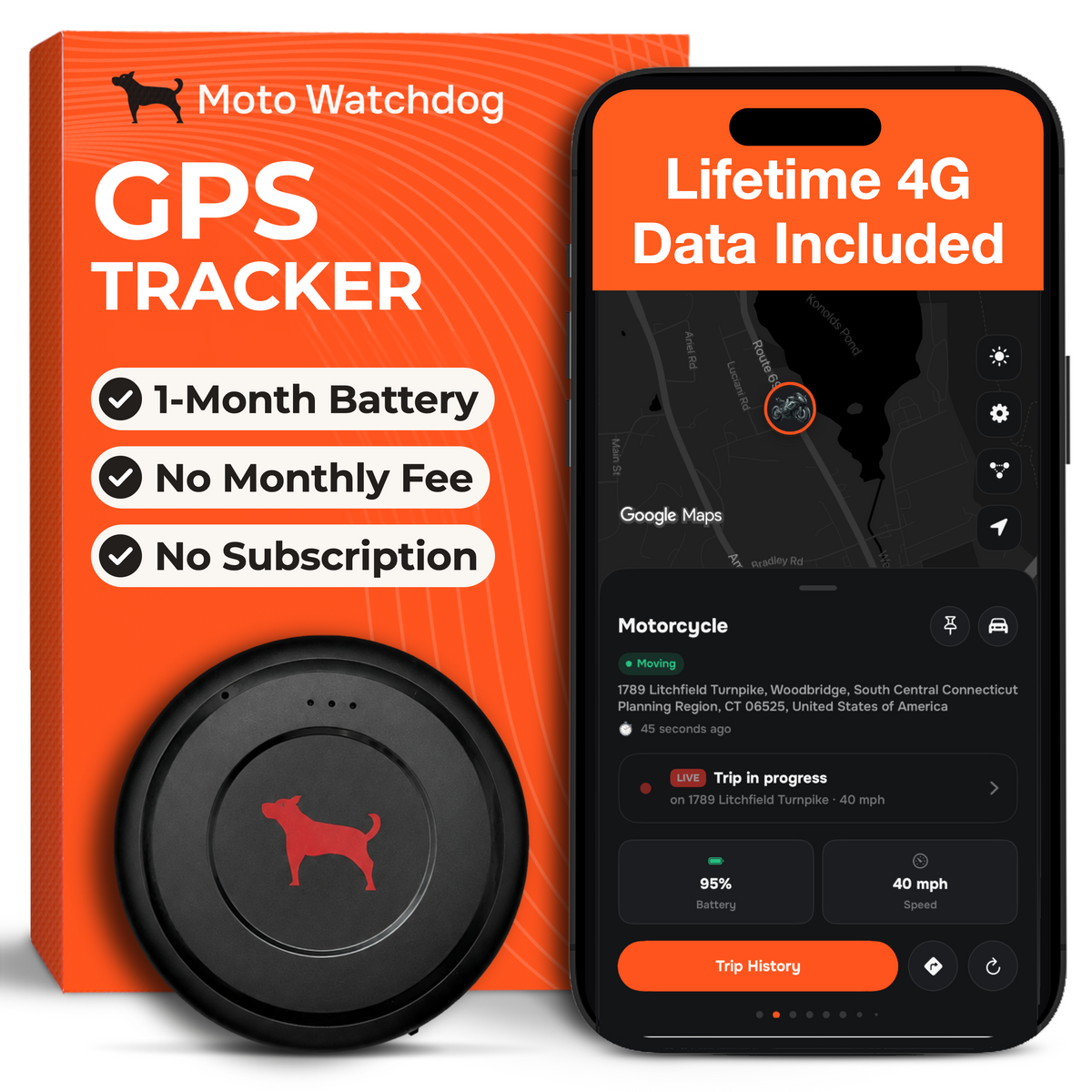 1-Month Rechargeable Battery Magnetic GPS Tracker for Vehicles – No Monthly Fees, 4G LTE | Moto Watchdog MW-1700