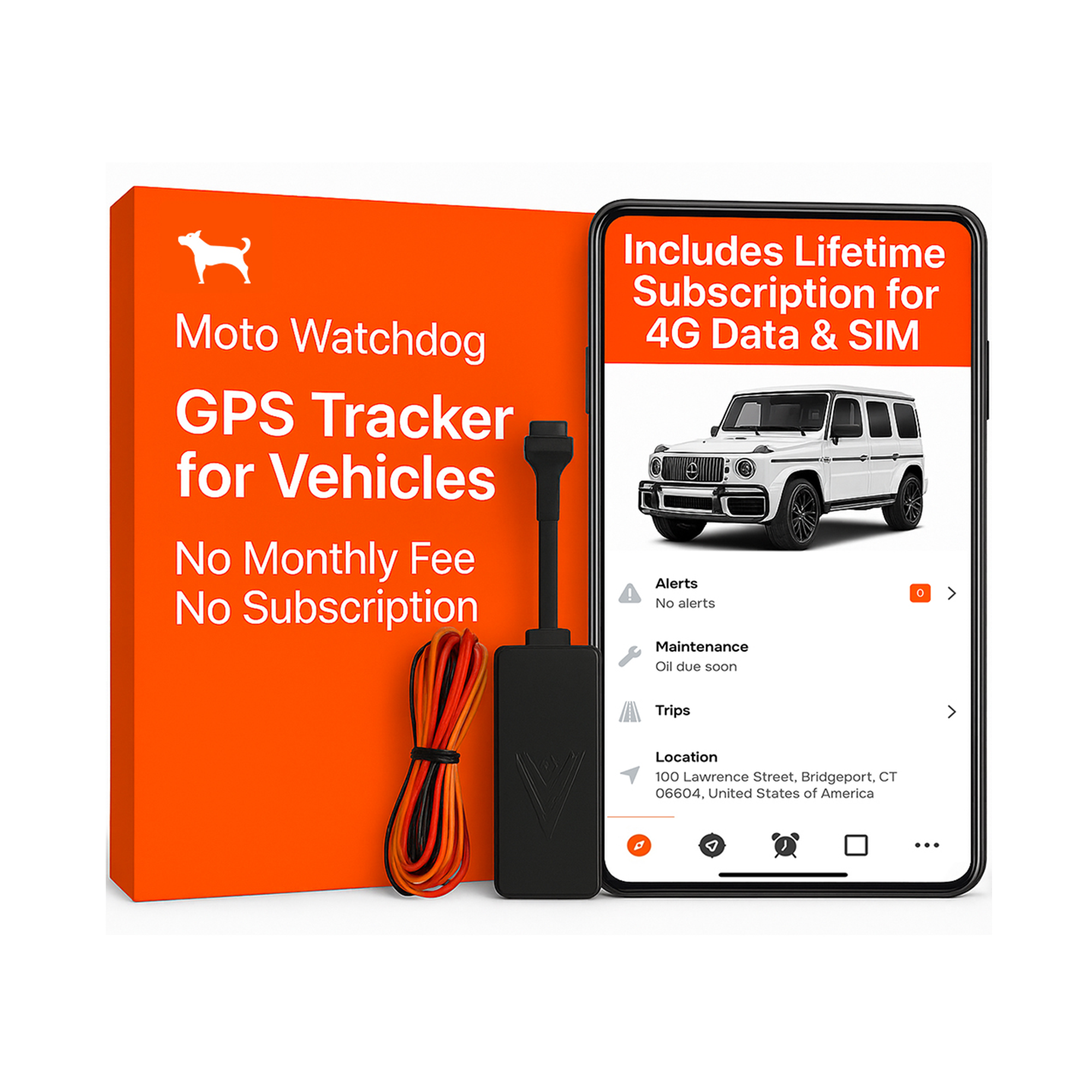 Wired GPS Tracker for Vehicles No Monthly Fee, No Subscription, SIM and 4G Data Included, Quick Installation, Trip History, Alerts, Car Tracker Device Hidden, USA Developed, Moto Watchdog | HW-200