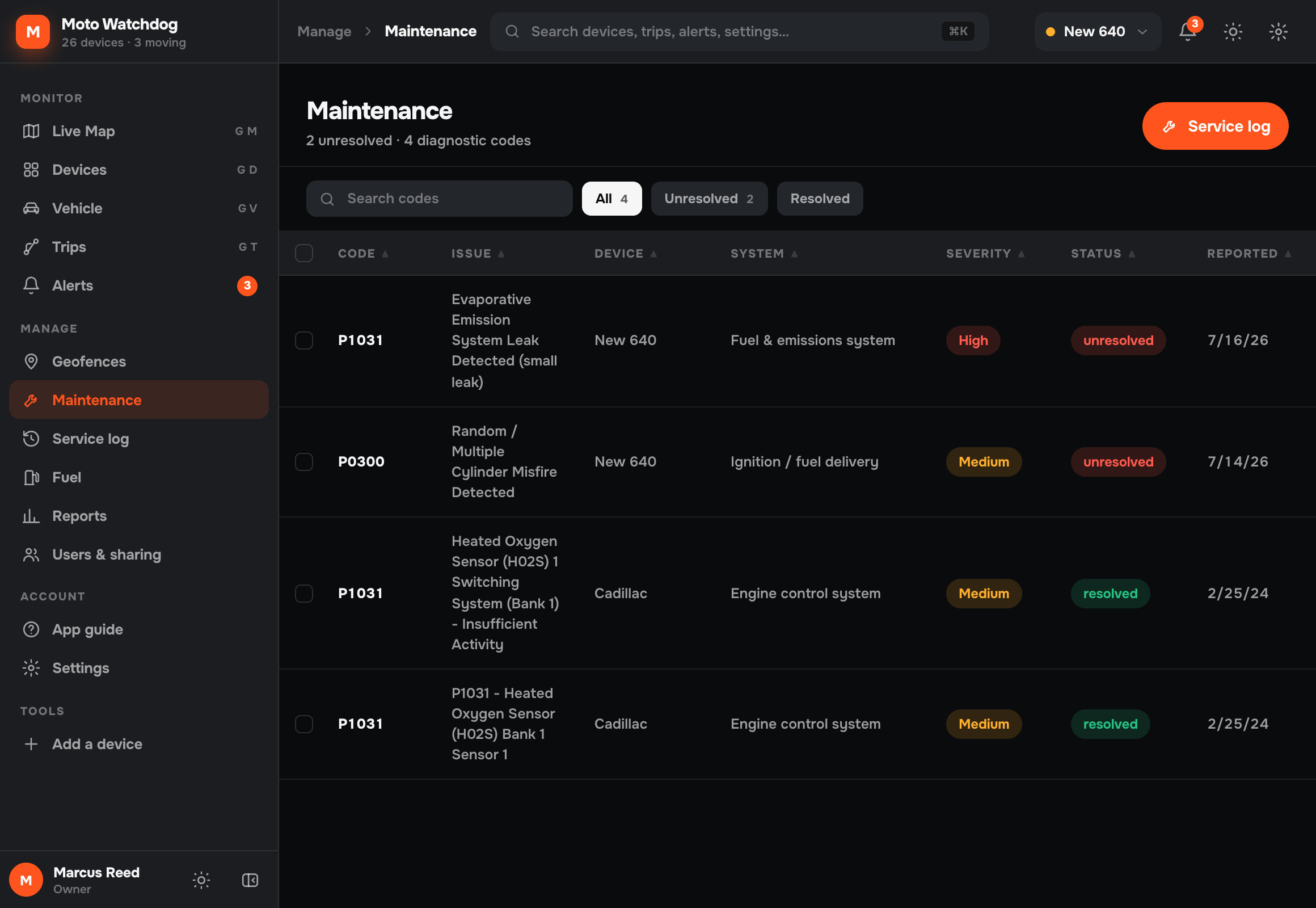 Maintenance screen in the Moto Watchdog web dashboard listing diagnostic trouble codes with severity and status