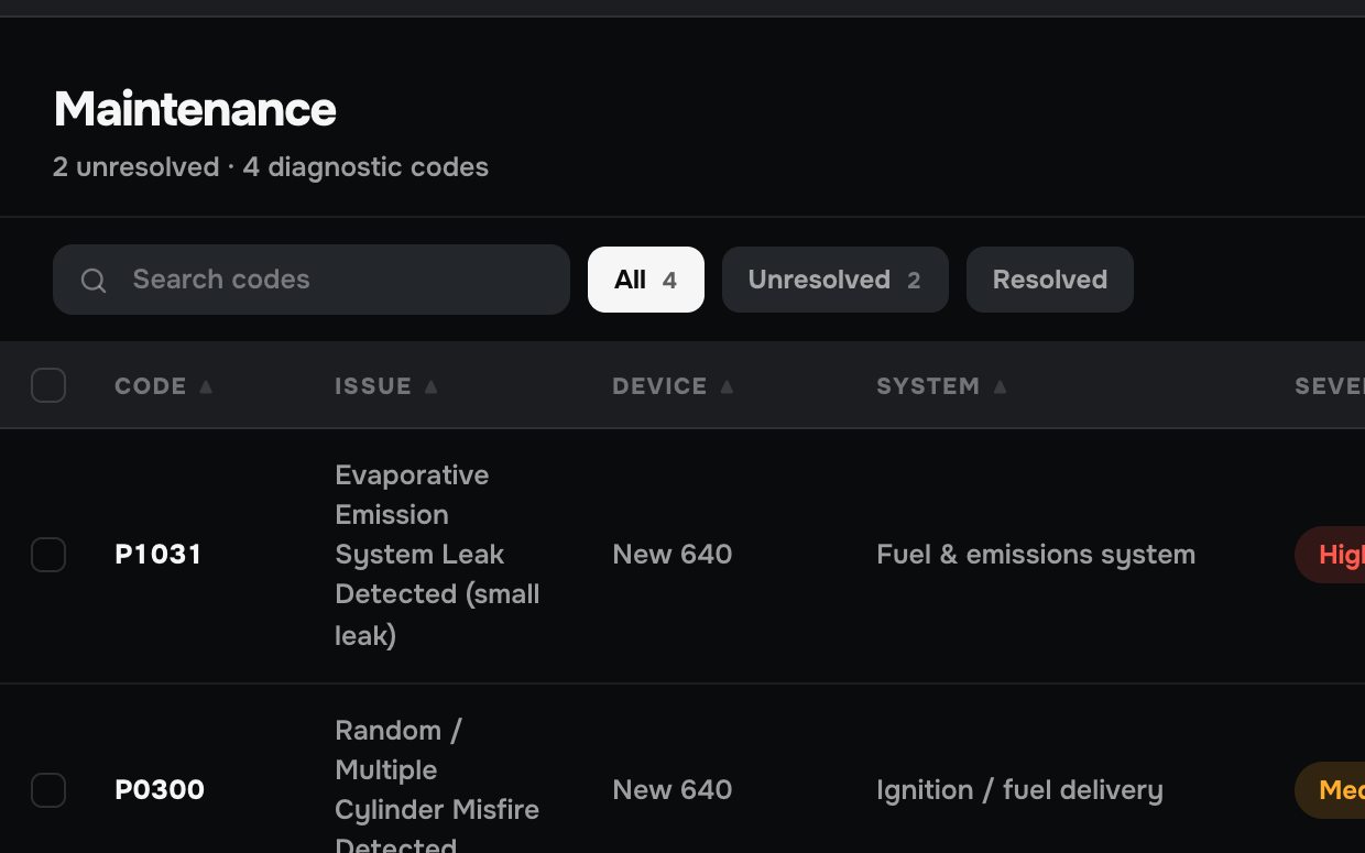 Maintenance screen in the Moto Watchdog web dashboard listing diagnostic trouble codes with severity and status