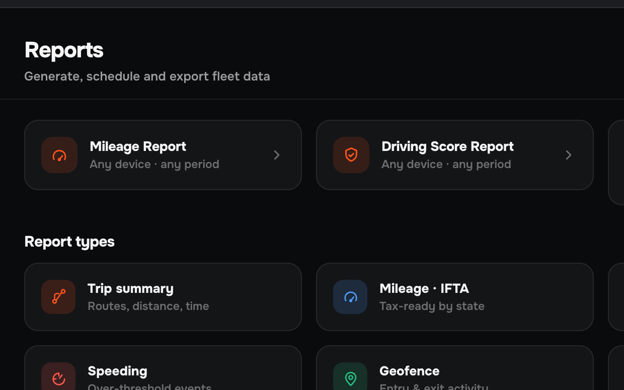 Reports screen in the Moto Watchdog web dashboard showing the six report types and the list of generated reports