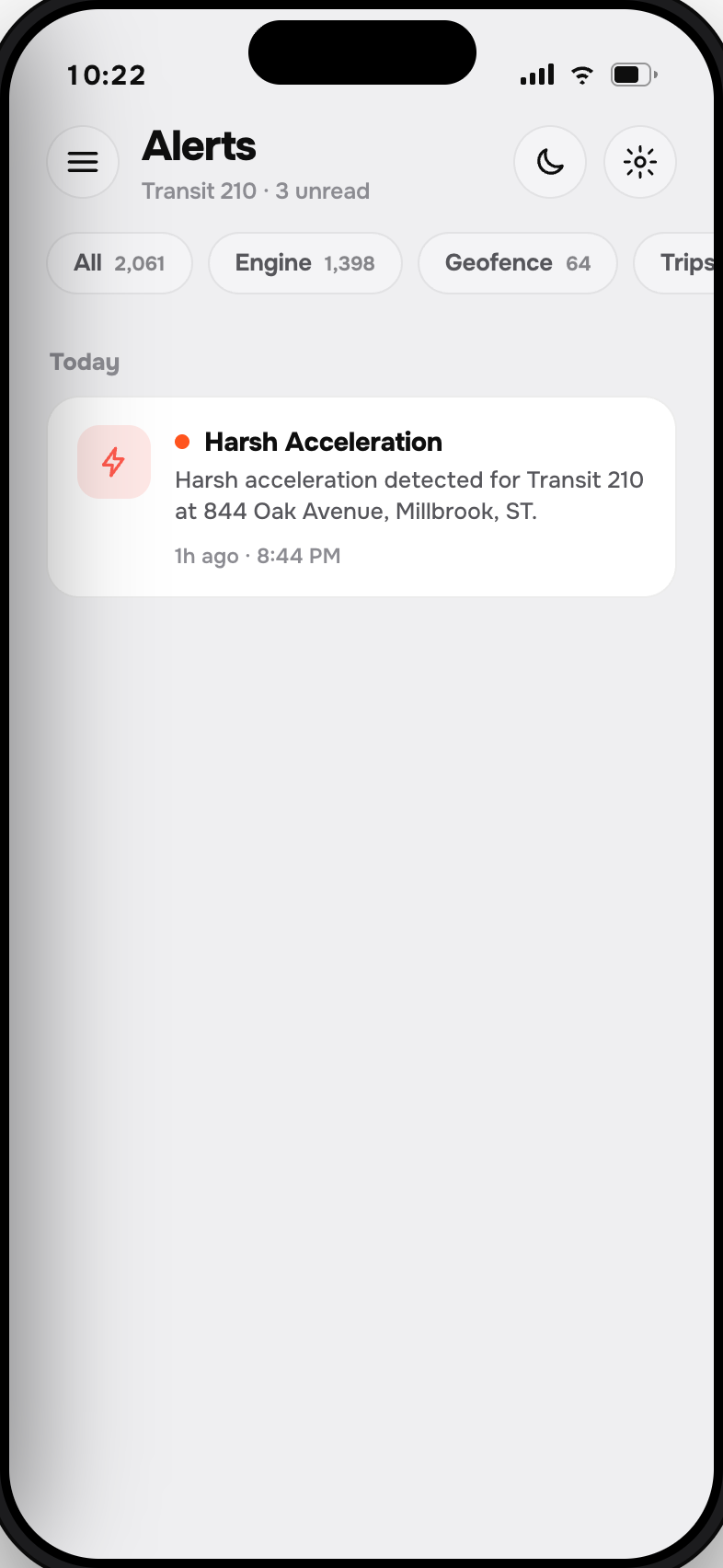 Alerts list in the Moto Watchdog app showing geofence entry and exit notifications with times