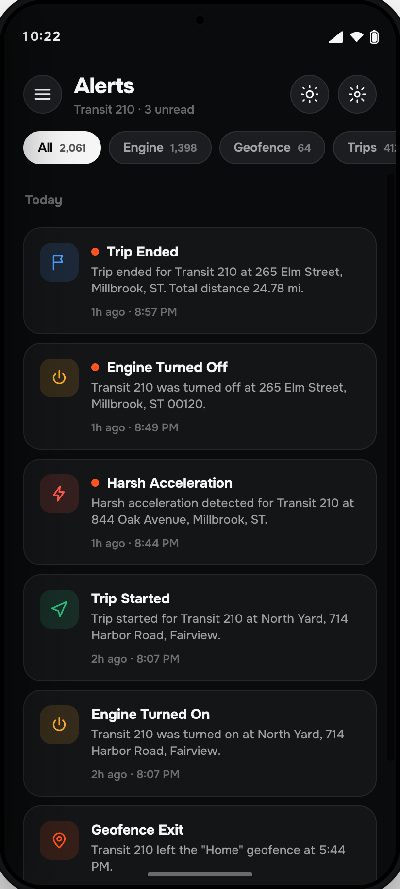 Moto Watchdog Android app showing the alerts feed