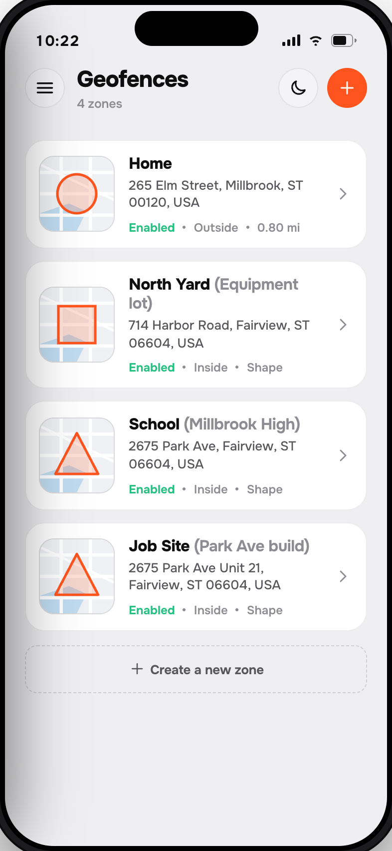 Geofences screen in the Moto Watchdog app listing zones with their shapes, addresses and trigger direction