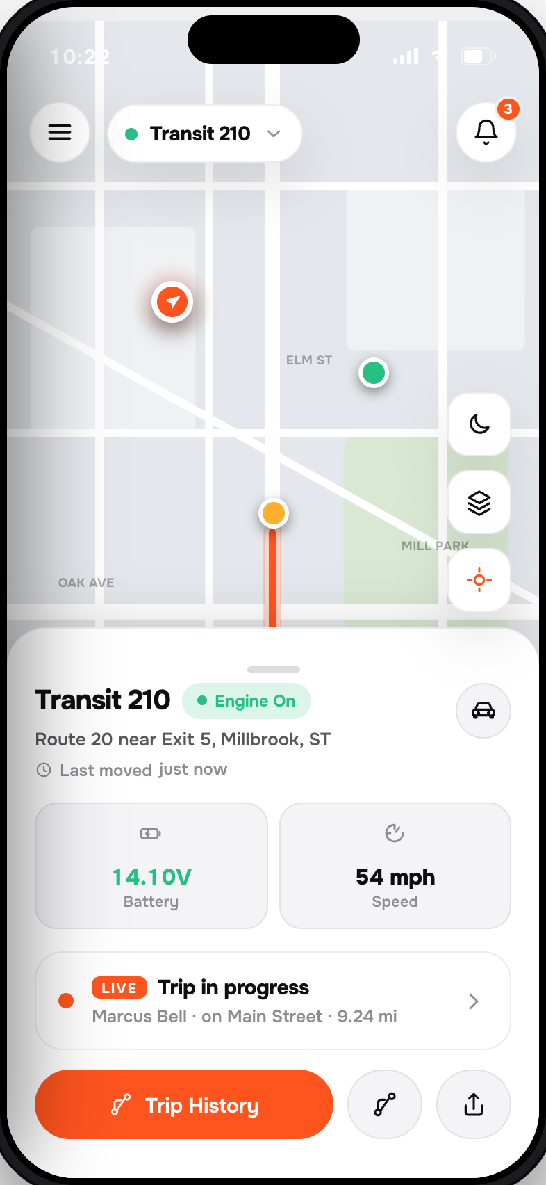 Live map in the Moto Watchdog app with a geofence zone drawn around the vehicle position