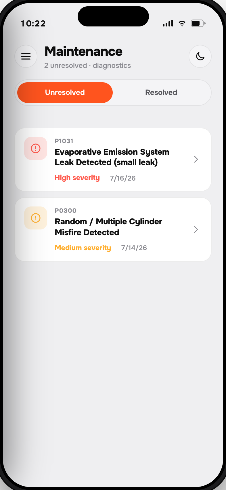 Vehicle health screen in the Moto Watchdog app showing diagnostic trouble codes and maintenance status