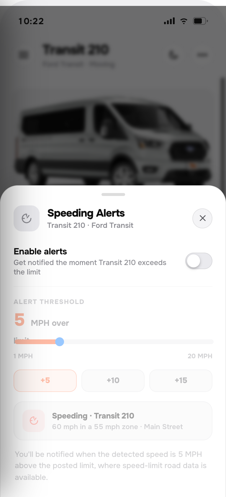 Speed alert settings in the Moto Watchdog app showing the speed threshold for a vehicle
