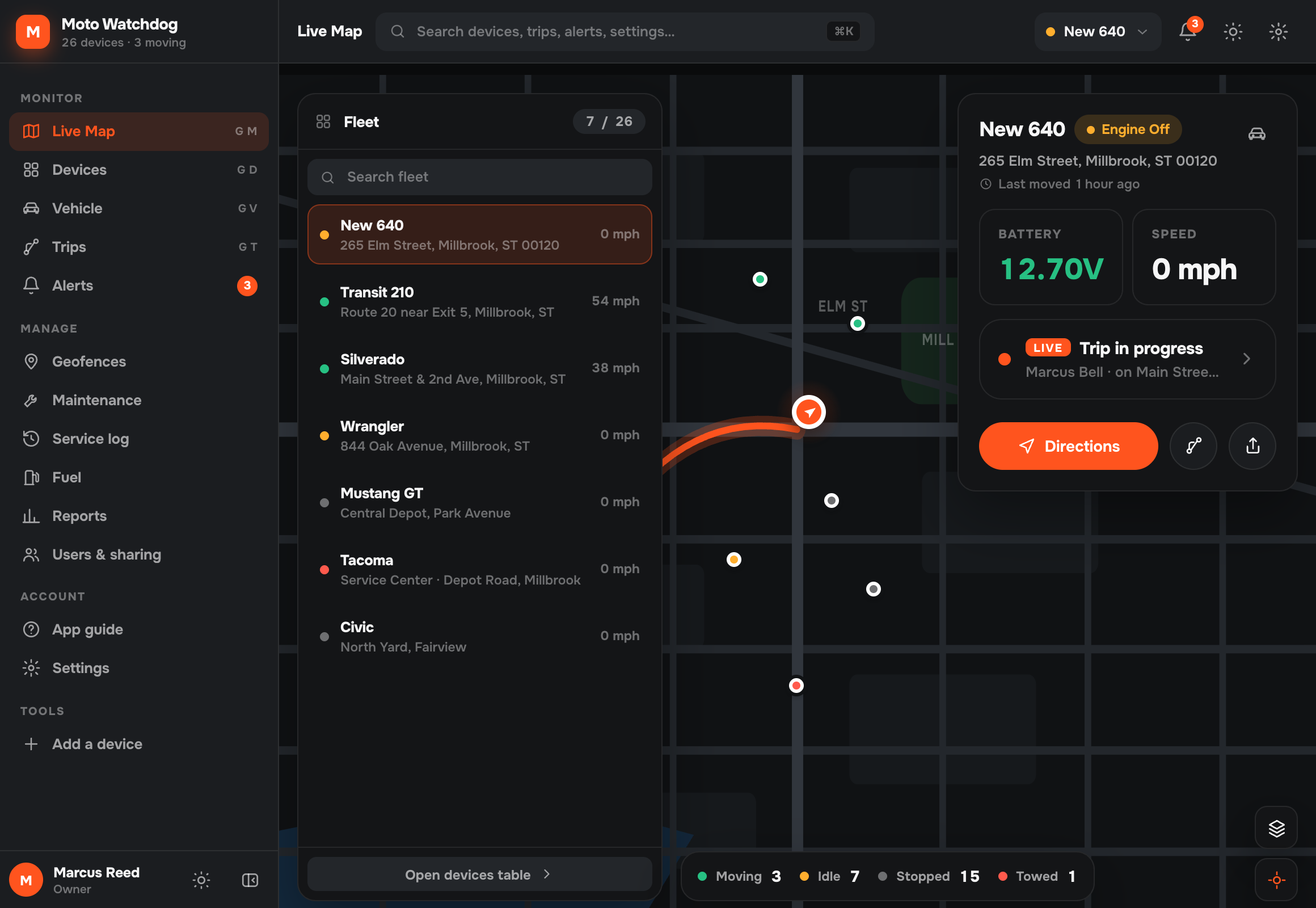 Fleet live map in the Moto Watchdog web dashboard with the vehicle list and a selected vehicle card